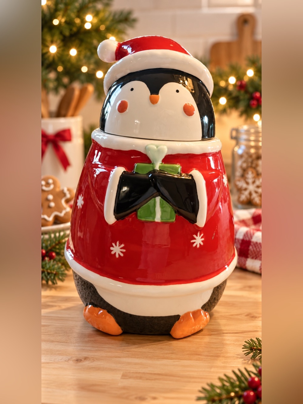 Holiday Time Ceramic Penguin Christmas Cookie Jar with Box
